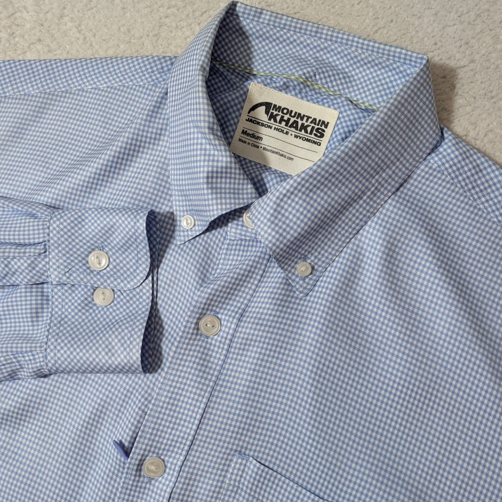 Mountain Khakis Button up Mens M Blue Gingham L/S Hidden‎ Zip Pocket Lightweight